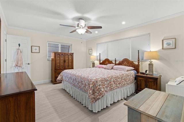 bedroom featuring recessed lighting, ornamental molding, light wood-style floors, ceiling fan, and baseboards