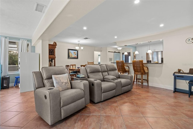 living room featuring light tile patterned floors, baseboards, visible vents, and recessed lighting