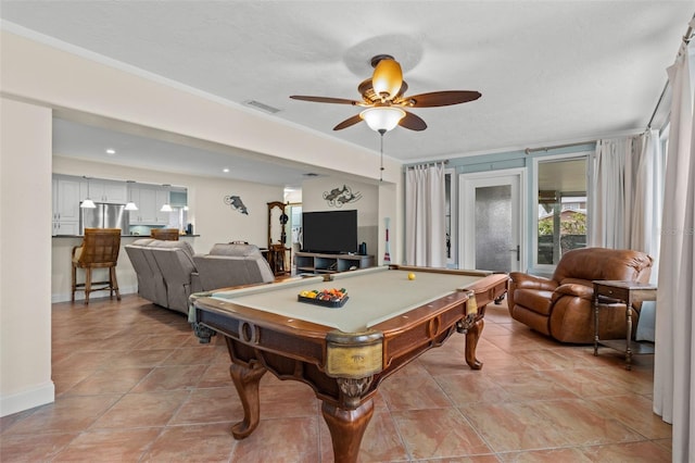 recreation room featuring light tile patterned floors, visible vents, ceiling fan, billiards, and baseboards