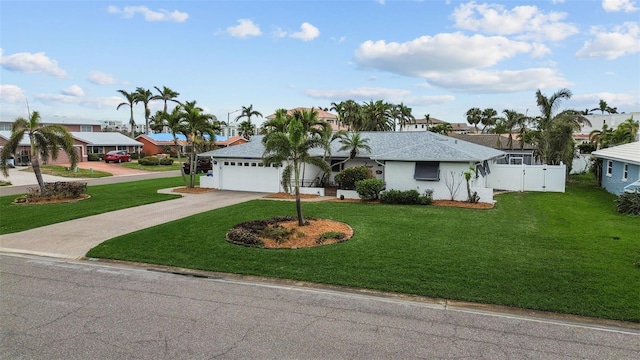 ranch-style home featuring a garage, a residential view, concrete driveway, and a front yard