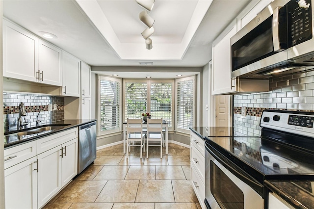 kitchen featuring a sink, appliances with stainless steel finishes, a raised ceiling, and white cabinetry