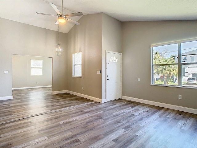 foyer featuring high vaulted ceiling, a wealth of natural light, baseboards, and wood finished floors