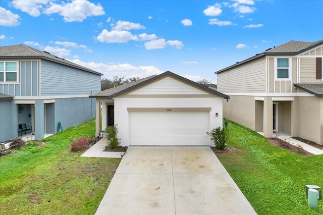 view of home's exterior featuring a garage, a yard, driveway, and stucco siding