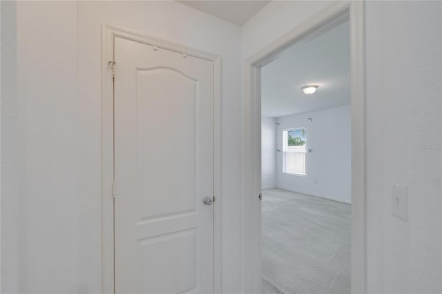 hallway with a textured ceiling, carpet flooring, and baseboards