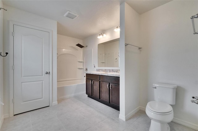 full bath with toilet, visible vents, vanity, baseboards, and shower / bathing tub combination