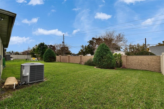 view of yard featuring central AC unit and a fenced backyard