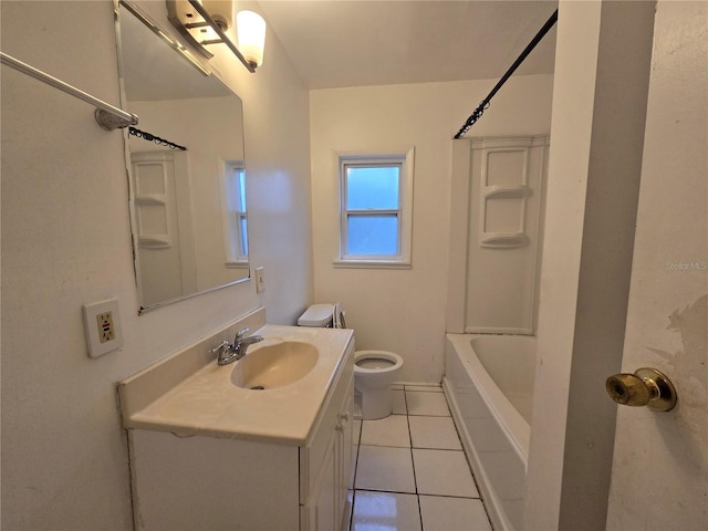 bathroom featuring shower / bathtub combination, vanity, toilet, and tile patterned floors