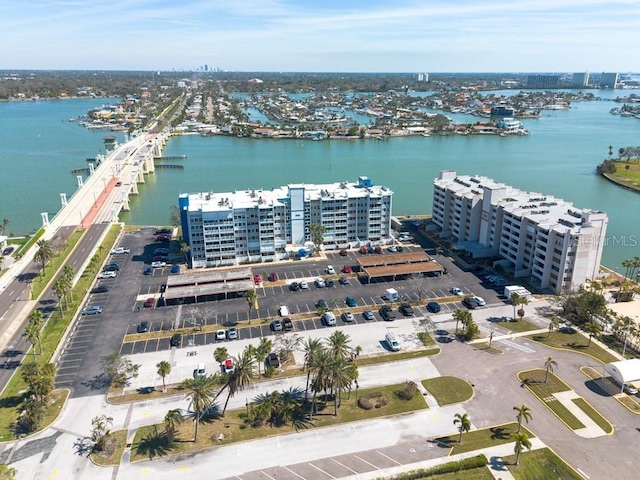 bird's eye view featuring a view of city and a water view