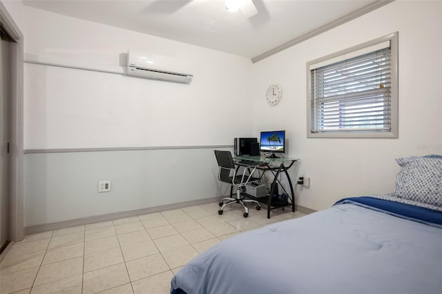 bedroom featuring baseboards, a wall mounted air conditioner, light tile patterned flooring, and a ceiling fan