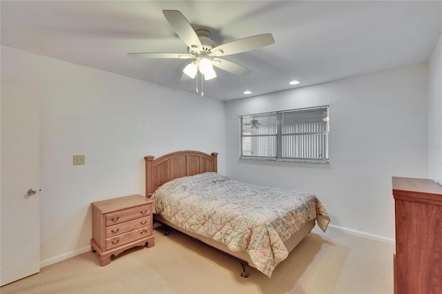 bedroom featuring recessed lighting, light carpet, ceiling fan, and baseboards