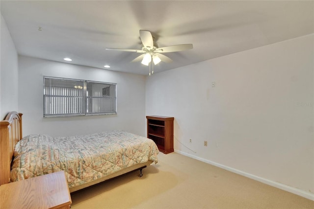 bedroom featuring recessed lighting, carpet flooring, ceiling fan, and baseboards