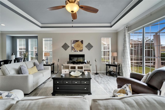 living area with ornamental molding, a raised ceiling, a fireplace, and light wood-style floors