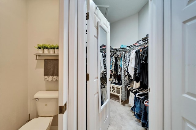 spacious closet featuring light colored carpet