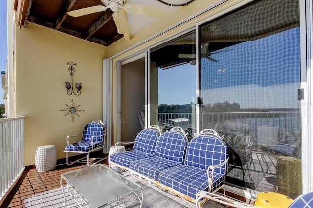 balcony featuring a ceiling fan