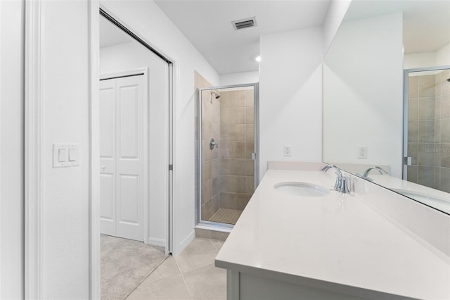 full bathroom with tile patterned flooring, a shower stall, vanity, and visible vents