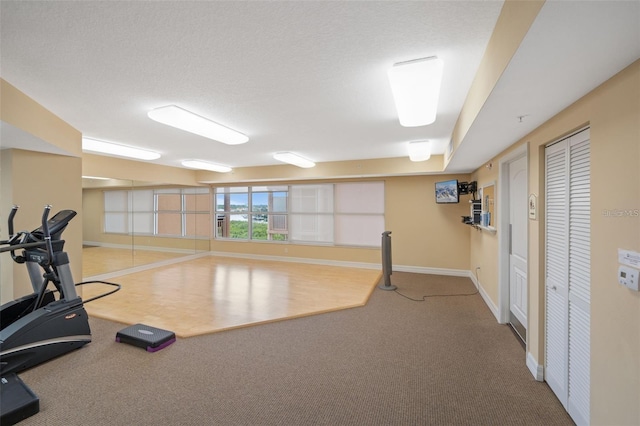 exercise area with carpet, baseboards, and a textured ceiling