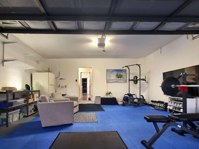 exercise room featuring a garage