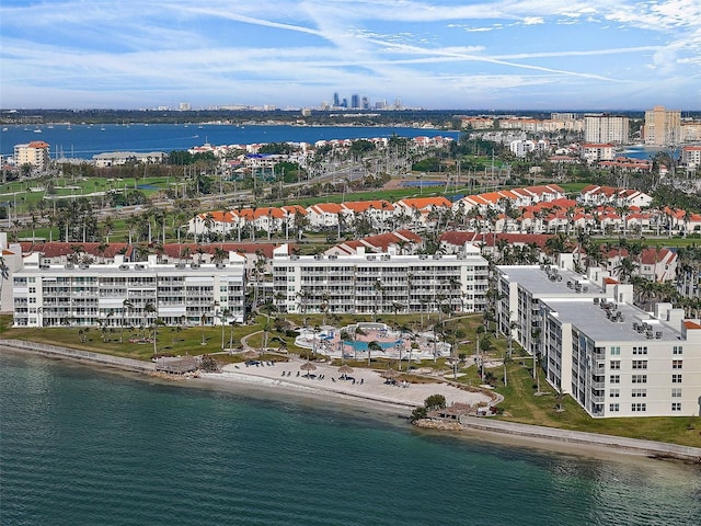 aerial view featuring a view of city and a water view