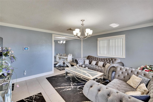 tiled living area featuring a textured ceiling, ornamental molding, and a notable chandelier