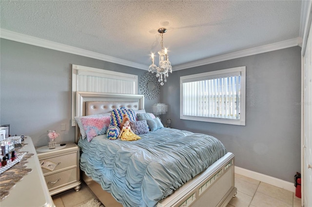 bedroom with a textured ceiling, light tile patterned floors, baseboards, and crown molding