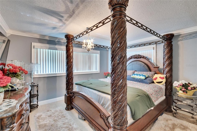 tiled bedroom featuring a textured ceiling, baseboards, and crown molding