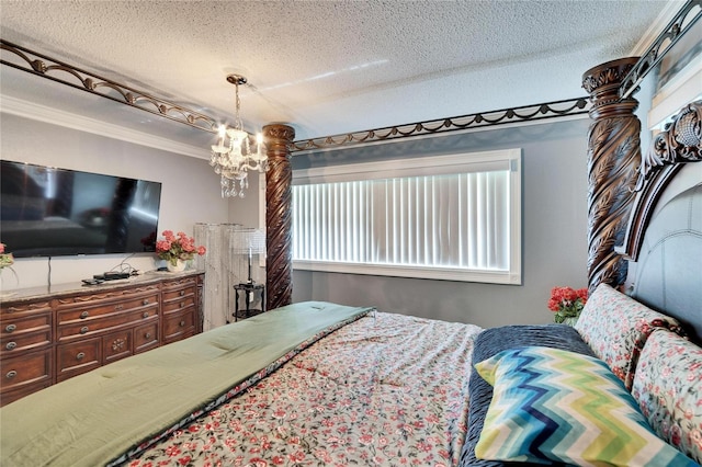 bedroom featuring a textured ceiling, ornamental molding, and a chandelier