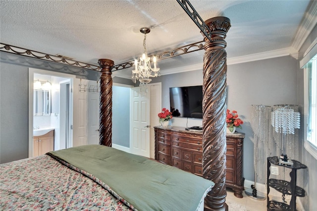 bedroom featuring crown molding, a textured ceiling, and ensuite bathroom