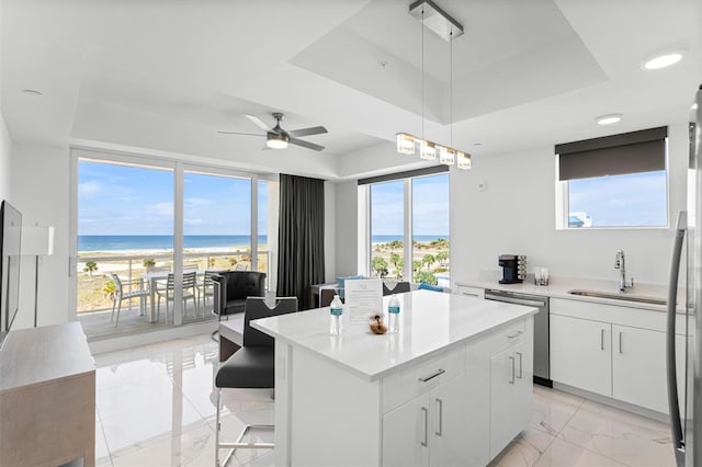 kitchen featuring a center island, stainless steel appliances, a raised ceiling, light countertops, and a sink