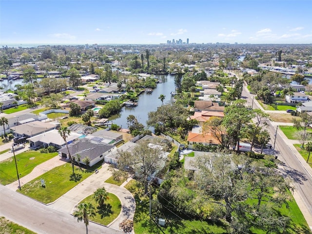 aerial view featuring a residential view and a water view