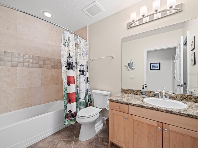 bathroom with shower / tub combo, visible vents, toilet, tile patterned floors, and vanity