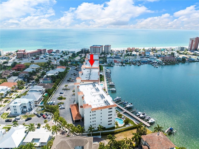 drone / aerial view with a water view and a view of city