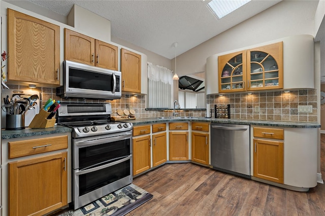 kitchen with dark wood-style flooring, appliances with stainless steel finishes, glass insert cabinets, vaulted ceiling, and a sink