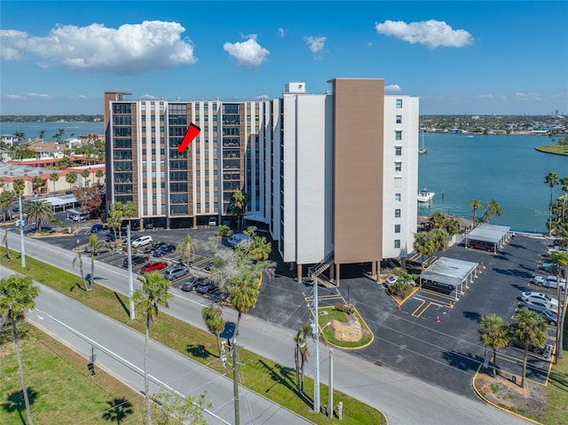 drone / aerial view featuring a water view