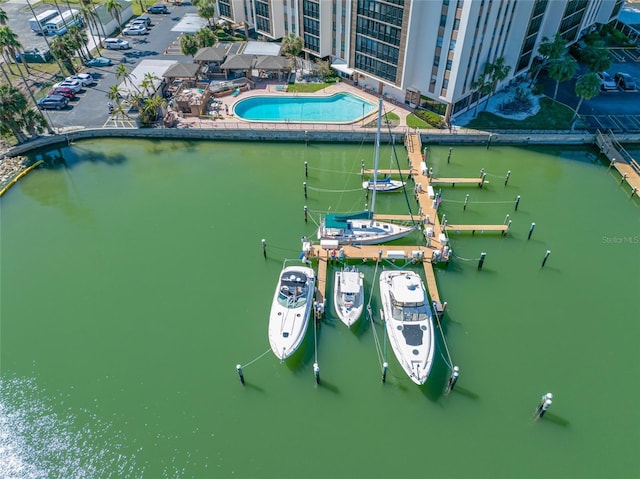 aerial view featuring a water view