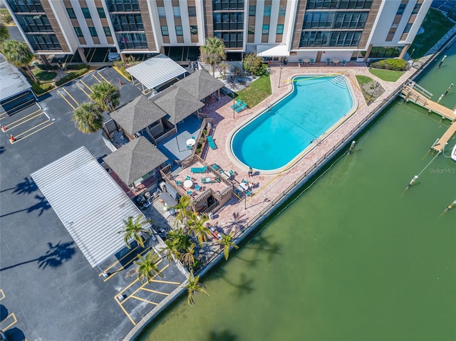 drone / aerial view featuring a water view