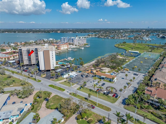 birds eye view of property featuring a water view