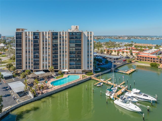 bird's eye view with a water view