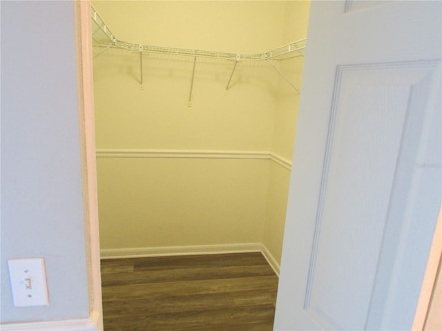 walk in closet with dark wood-style floors