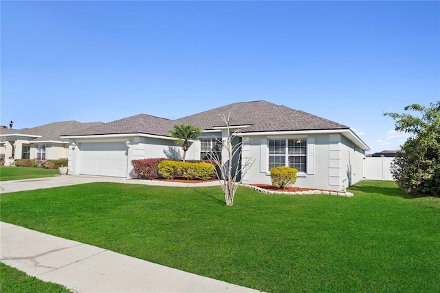 single story home featuring an attached garage, concrete driveway, a front yard, and stucco siding