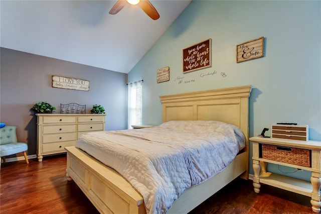 bedroom with high vaulted ceiling, ceiling fan, baseboards, and dark wood finished floors