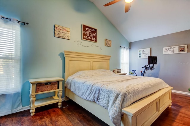 bedroom featuring lofted ceiling, ceiling fan, baseboards, and dark wood-type flooring