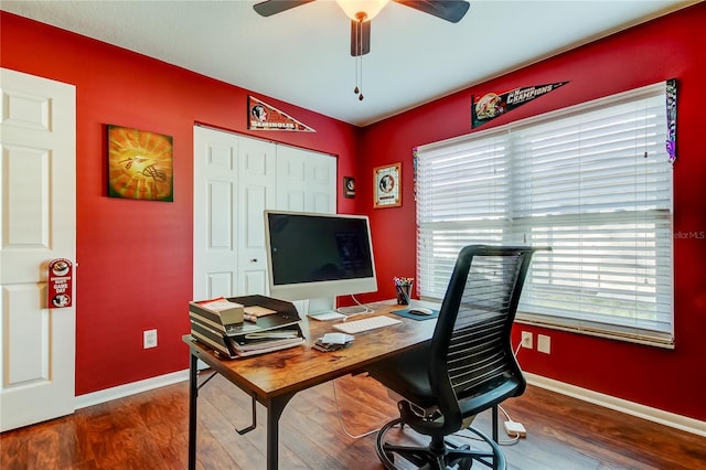 office with dark wood finished floors, baseboards, and ceiling fan