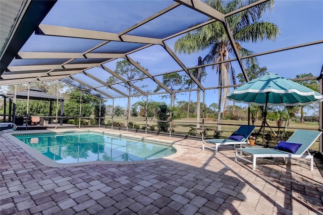 outdoor pool featuring a lanai and a patio area