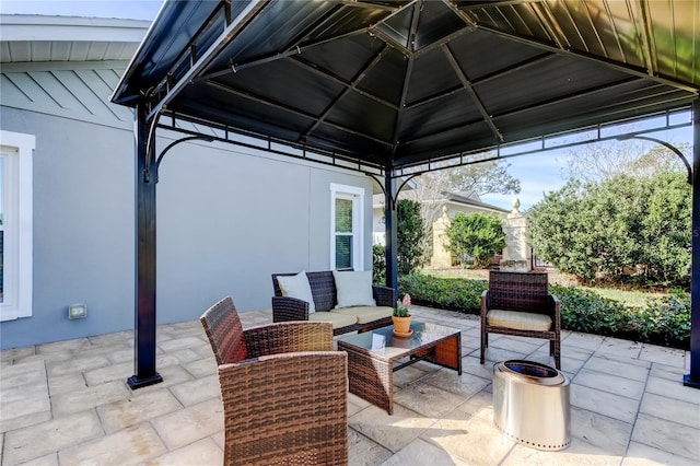 view of patio / terrace featuring an outdoor hangout area and a gazebo