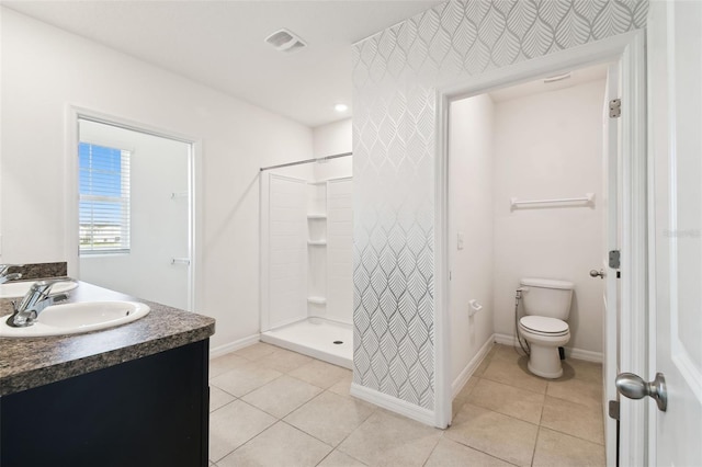 full bath with tile patterned flooring, toilet, a sink, visible vents, and a stall shower