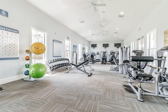 gym with carpet, visible vents, plenty of natural light, and baseboards