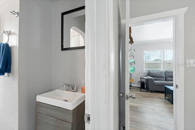 bathroom featuring ornamental molding, wood finished floors, vanity, and baseboards