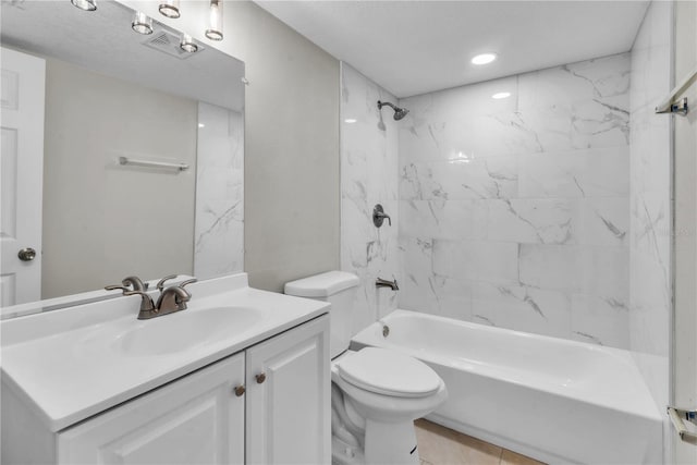 full bathroom featuring toilet, visible vents, shower / washtub combination, and vanity