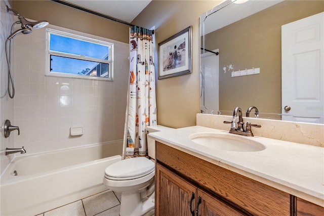 full bath with tile patterned flooring, shower / tub combo with curtain, toilet, and vanity