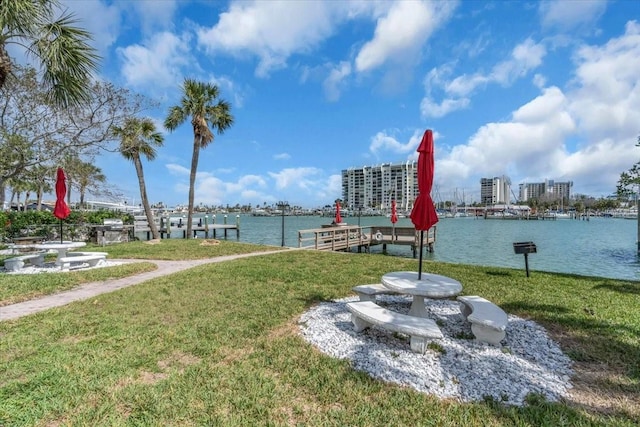 property view of water with a boat dock and a view of city